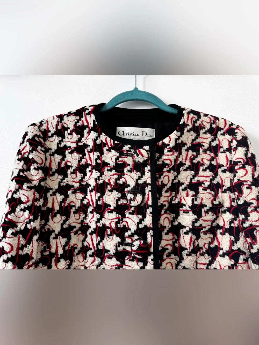 Dior Black, White & Red Tweed Collarless Jacket